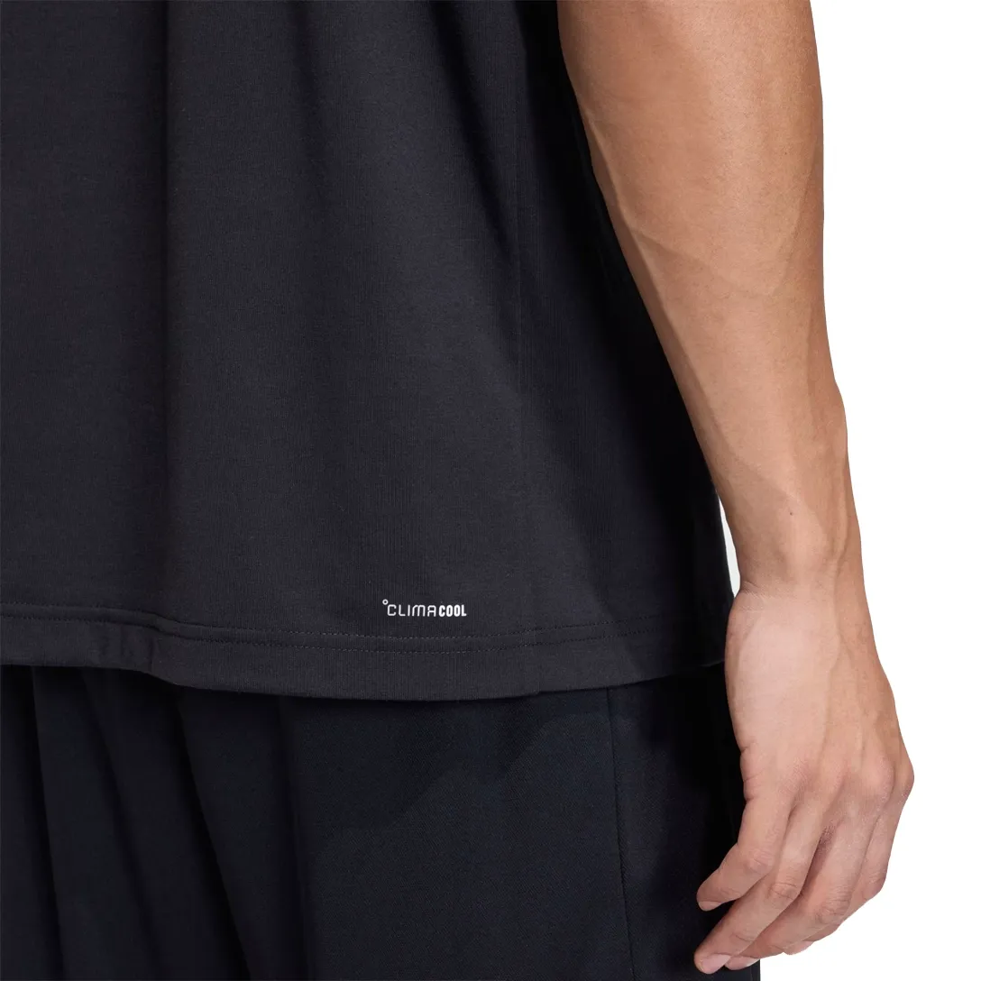 Camiseta masculina Adidas preta vista frontal para ajuste e tamanho